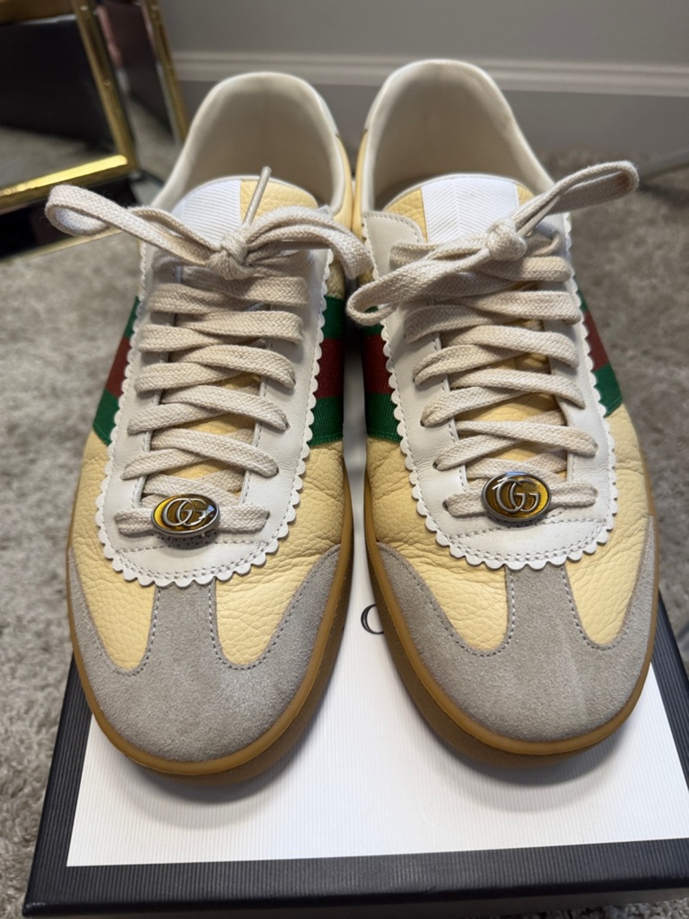 Gucci Beige Yellow Sneakers with Green and Red Web